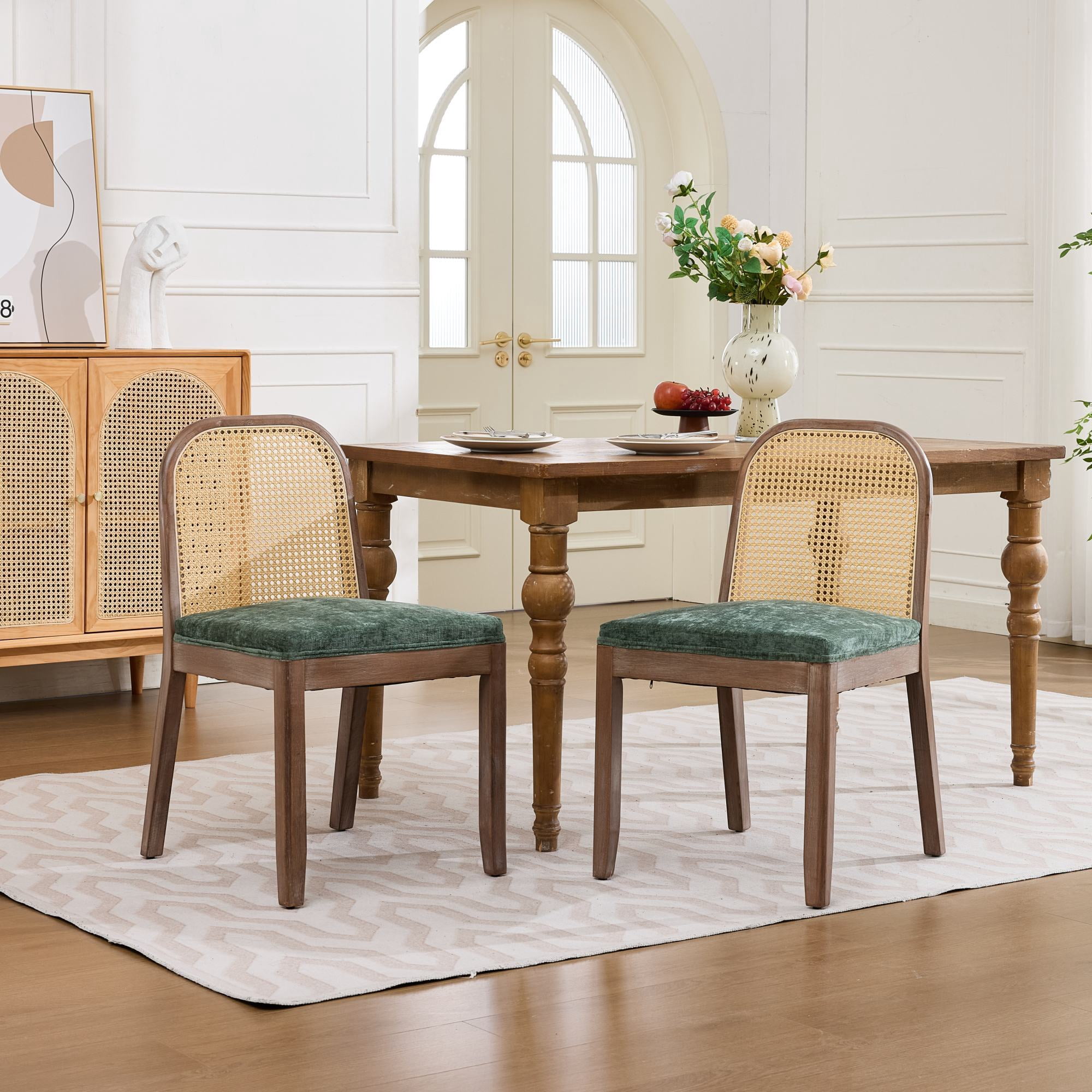 Leumius Set of 2 Curved Arched Cane Back Dining Chairs, Mid Century Farmhouse Side Chairs, Chenille Cushion with S-Spring and Sponge, Armless Accent Chairs for Kitchen Dining Room Olive Green