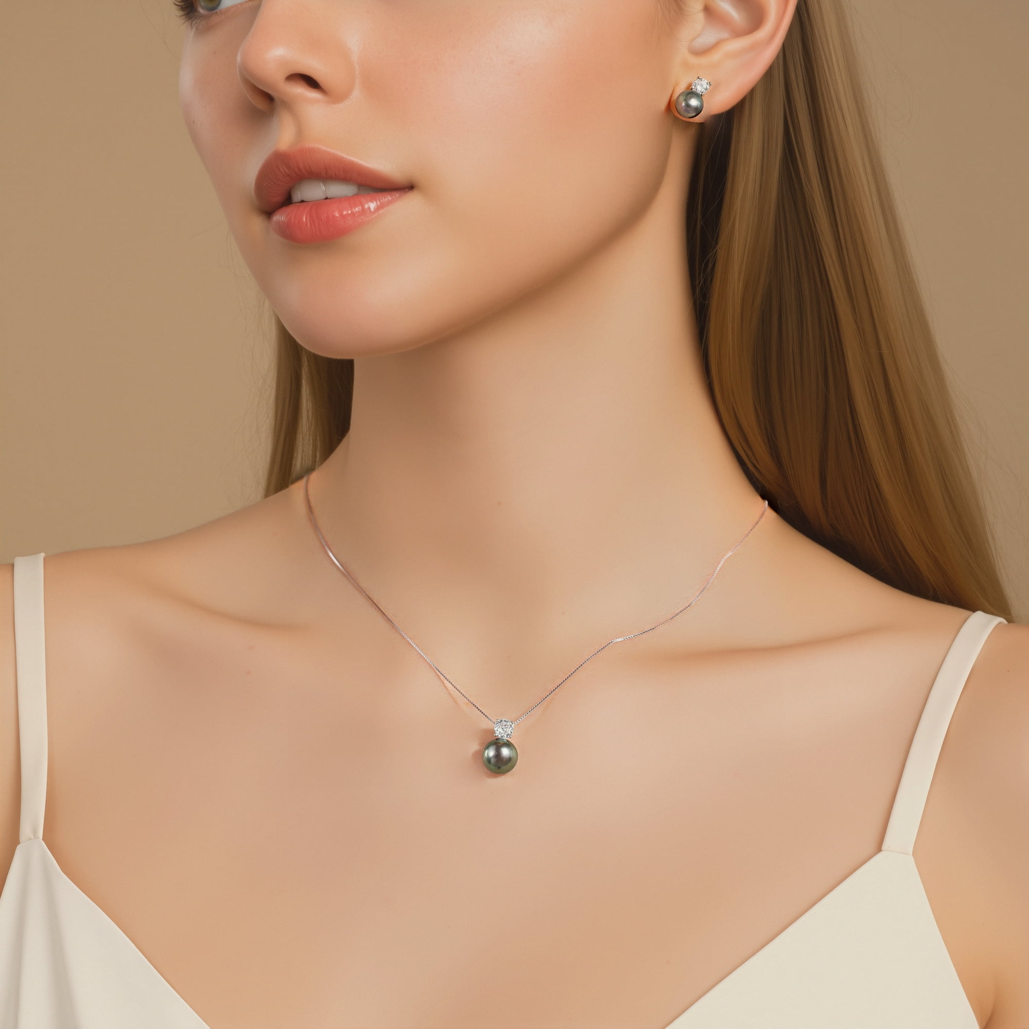 BAMIKI 8-10mm Black Cultured Pearl Earrings and Necklace Set for Women, 925 Sterling Silver Jewelry, Hypoallergenic Gift
