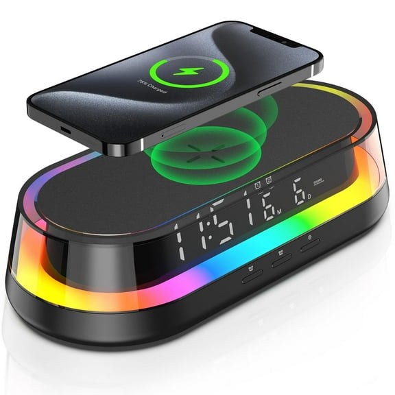 15W Fast Wireless Charging Pad with LED Smart Clock, Adjustable Night Light & USB-C Port for Bedroom