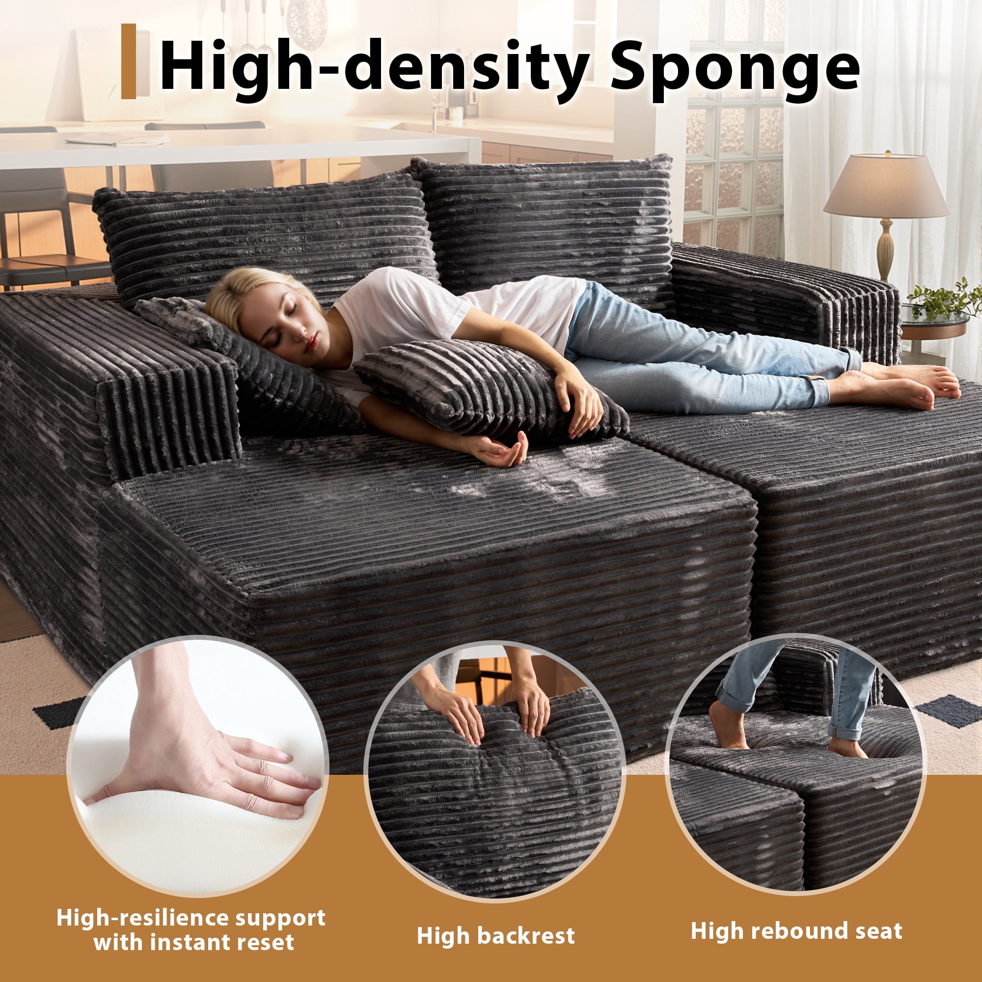 Vcatnet 75" Oversized Modular Sectional Sofa Cloud Couch Plush Corduroy Chaise Lounge Loveseat Sofa Bed Upholstered Sleeper Sofa for Living Room and Bedroom, Gray
