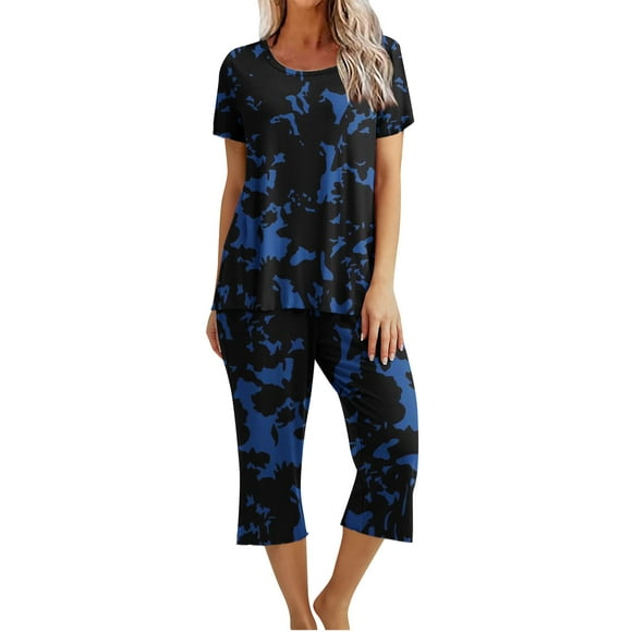 Lolmot Printing Round Neck Short Sleeve Sleepshirt et Pants Sets Loungewear Pajamas With Pockets pour Femmes