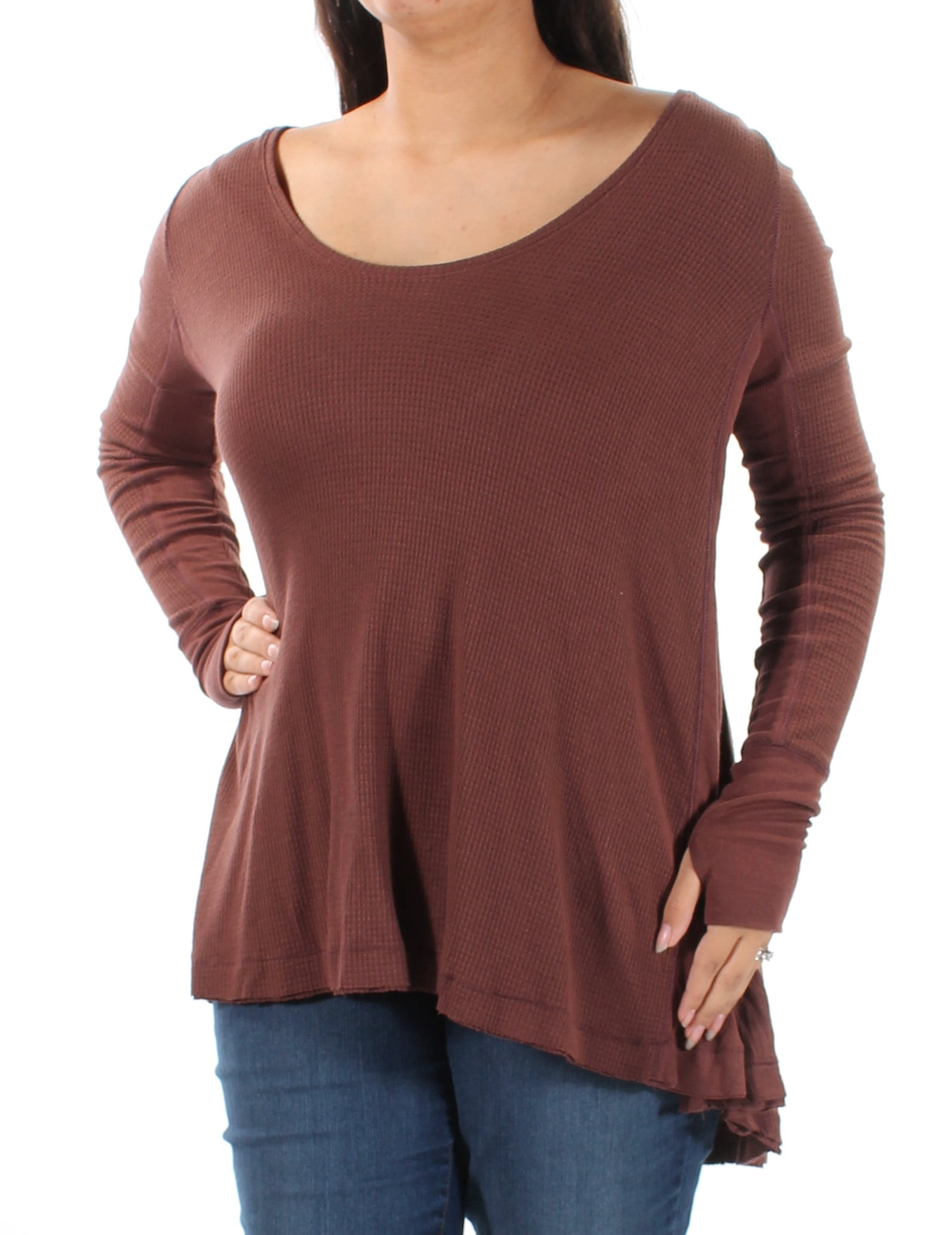 Womens Hi-Low Waffle Knit Pullover 