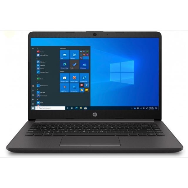 laptop hp 245 g8 amd ryzen 3 3250u 2.60ghz ram 8gb ssd 256gb pantalla hd 14 frontal abierto, vista centrada con pantalla HD encendida, chasis negro mate, teclado de tamaño completo y touchpad integrado, logo HP en el bisel inferior; portátil apto para trabajo diario y estudio.