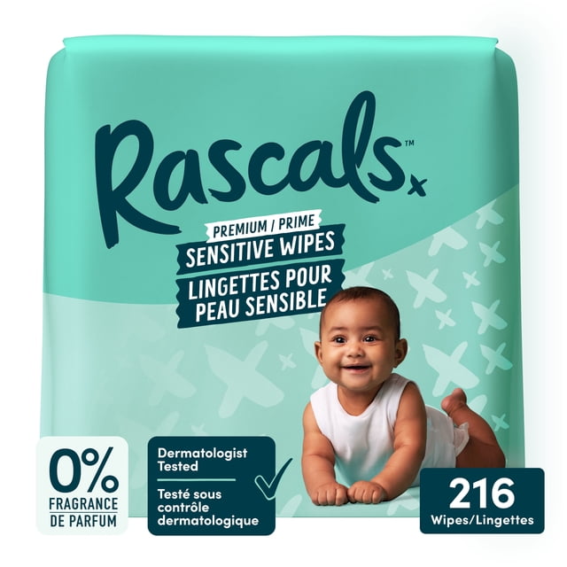 Rascals Premium Sensitive Alcohol Free Baby Wipes, Multipack, 216 Count, for Sensitive Skin