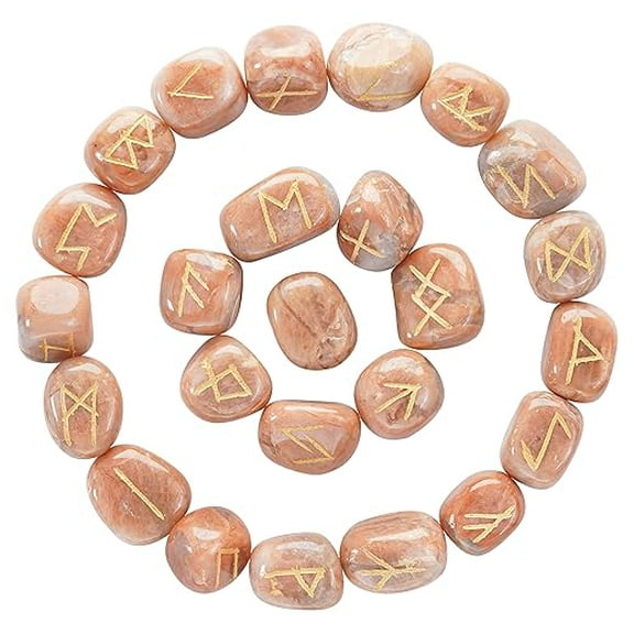 Peach Moonstone Rune Tumble Shape Gemstone Rune with Elder Futhark Alphabet Engraved 25 pcs Runes Set Crystal Divination Healing Chakra Reiki with a Pouch Size : 15-20 mm