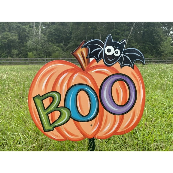 Boo Pumpkin with Bat Halloween Yard Art