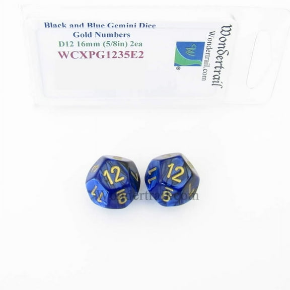 Black and Blue Gemini Dice with Gold Numbers D12 Aprox 16mm (5/8in) Pack of 2 Wondertrail