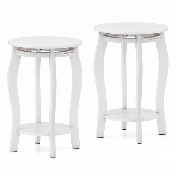 Furnibear Set of 2 Round End Tables, 15 Inch 2-Tier Side Table with Storage Shelf, Rustic Nightstand Sofa Table with Rubber Wood Legs for Living Room, Walnut & White