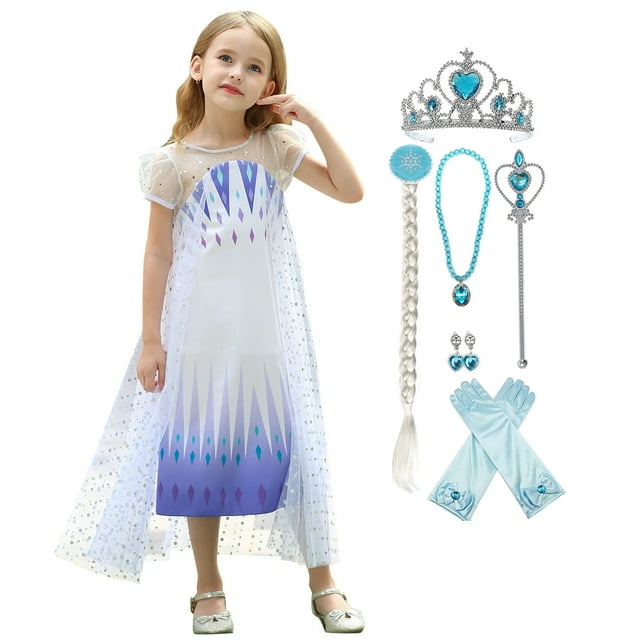 HAWRR Reine des Neiges 2 Elsa Costume de Princesse à Manches Courtes Robe de Fille Elsa avec Cape