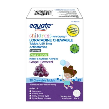 Equate Children's Dye-Free Non-Drowsy Loratadine Grape Flavor Chewable Tablets, 5 mg, 30 Count