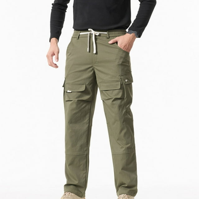 Ceisia Men Solid Color Fleece Multi Pocket Work Pants Loose Drawstring Gift Elastic Cuff Trousers