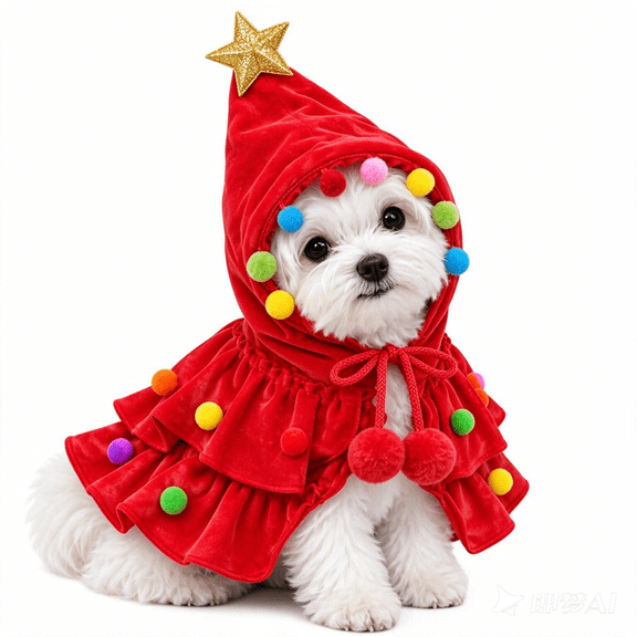 Dog Christmas Outfit, Red Velvet Tree Dress with Gold Star Accent and Pom Trim, Festive Pet Sweater for Small Cats and Dogs, Holiday Photo Session & Gift, M