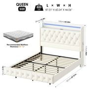 Hiphuta Queen Size Floating Upholstered Beds with LED Lights, Velvet Leather Sturdy Platform Bed with Charging Station & Button Tufted Headboard Storage, White