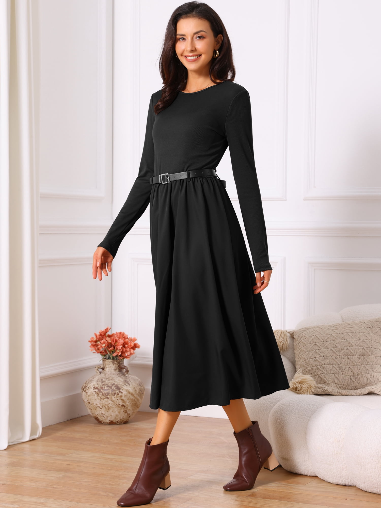 DARING DIVA Midi Dress Crewneck Long Sleeve Flowy Dress S Black