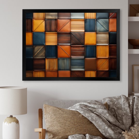 Designart "Earth Colors Tiles in Colorful Patterns VI" Geometric Framed Wall Art Decor - Bohemian Multicolor Boho Mosaic Entryway Framed Wall Art Print