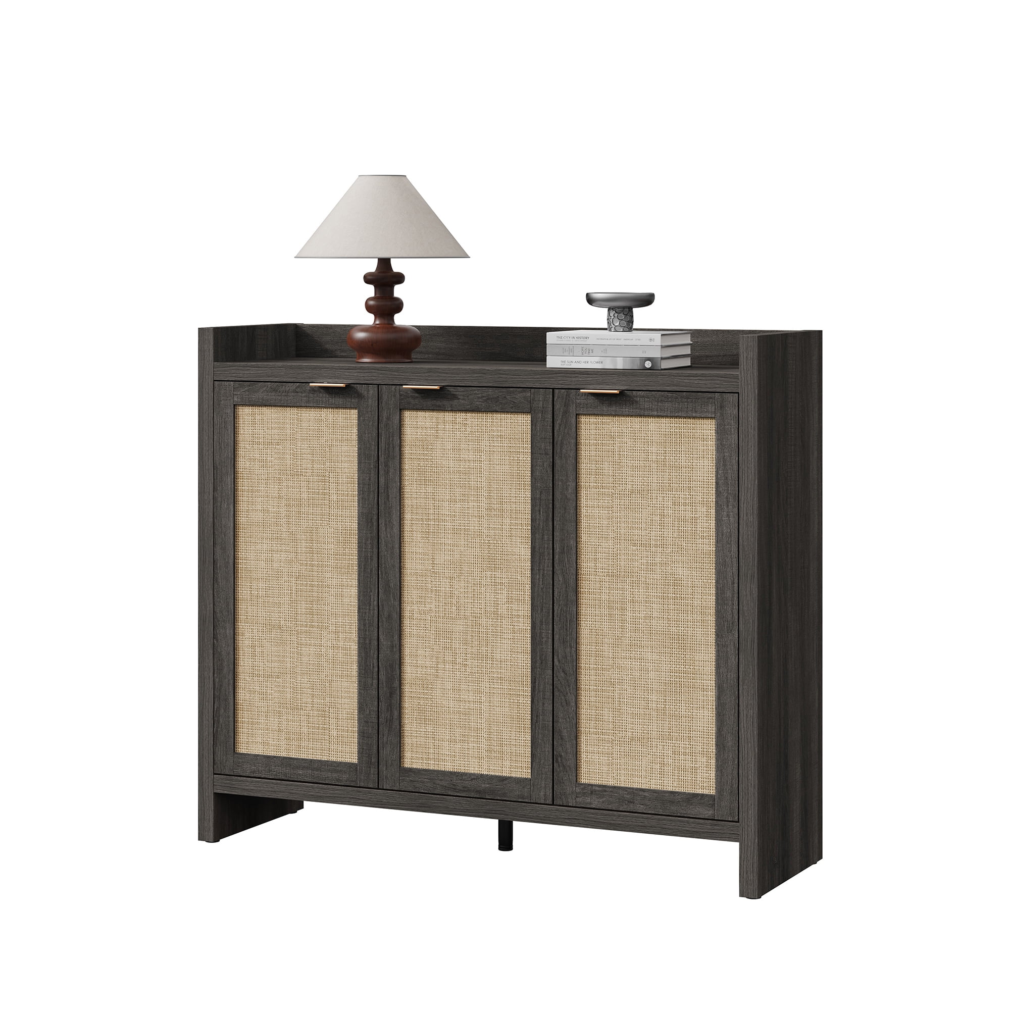 SICOTAS 7 Tier Shoe Storage Cabinet for Entryway, 30 Pairs Rattan Shoe Rack Cabinet with Doors & Adjustable Shelves, Boho Shoe Organizer Cabinet for Hallway, Black Oak