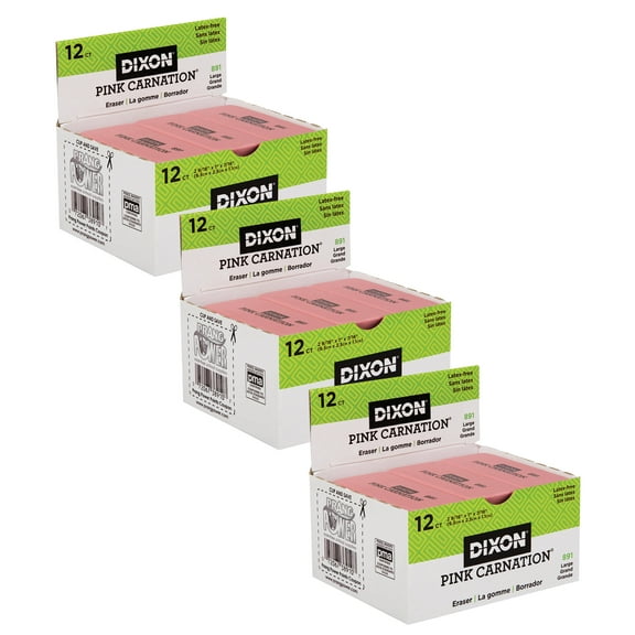 Dixon Pink Carnation Erasers, Large, 2-9/16 x 1 x 7/16, 12 Per Pack, 3 Packs