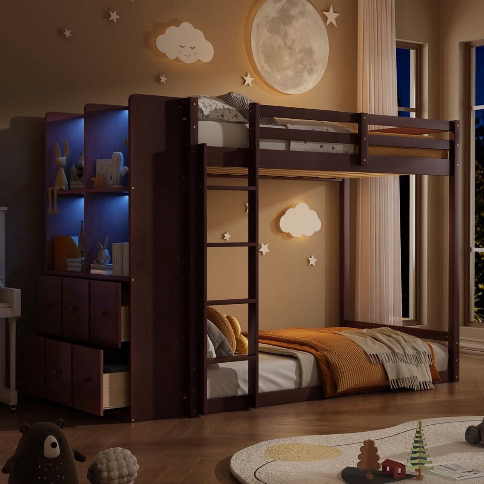 Twin Over Twin Bunk Bed with 6 Storage Drawers, 2-Tier Shelves & LED Light Strip, Reversible Wooden Bunk Bed Frame, Space-Saving Kids Bedroom Furniture