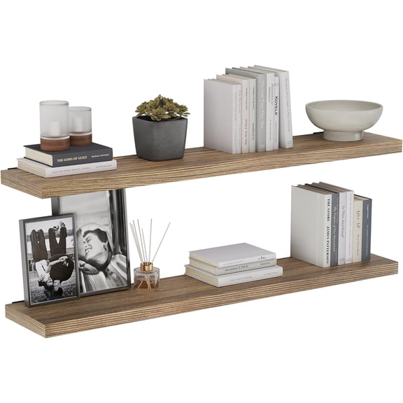 Wallniture Palm 48" Long Floating Wall Shelves, Book Shelf for Wall, Rustic Shelves for Bedroom, Office, Living Room and Kitchen Decor, Burnt Finish, Real Wood, Set of 2