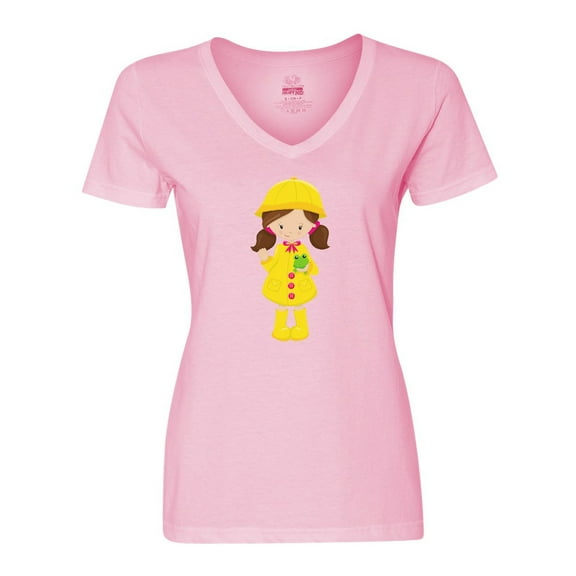 Inktastic Girl with Brown Hair, Yellow Raincoat, Frog Women's V-Neck T-Shirt