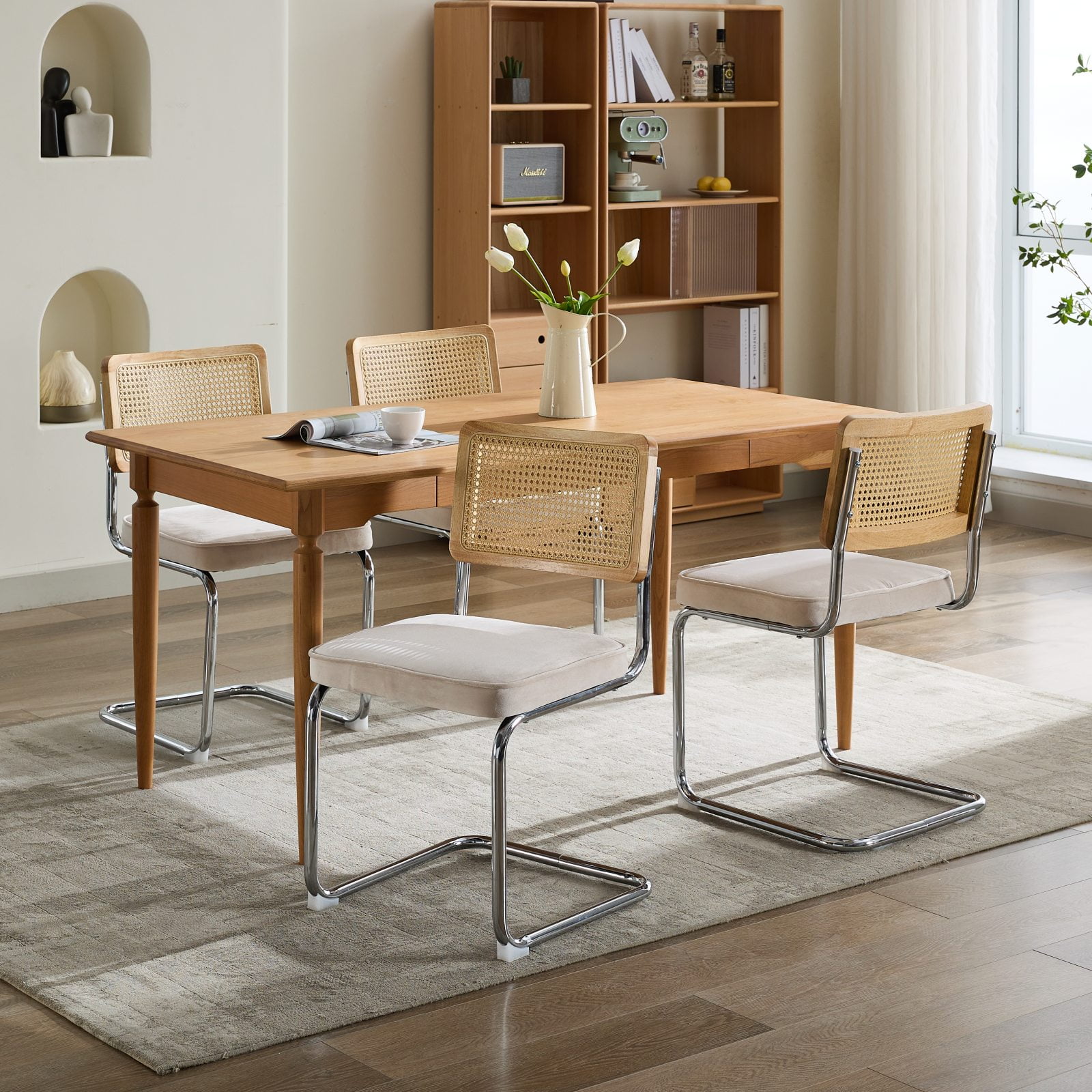 Aukfa Velvet Dining Chair Set of 2, Cantilever Upholstered Kitchen Side Chairs Accent Chair with Rattan Back & Stainless Chrome BaseBeige