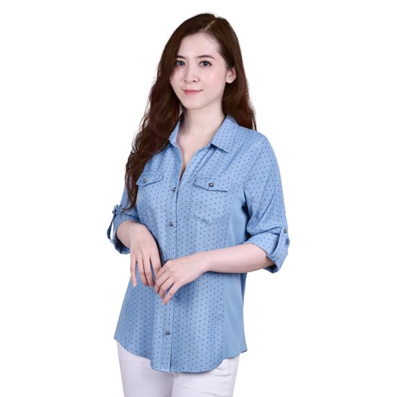 3/4 Roll Tab Sleeve Denim Y Neck