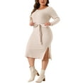 thumbnail image 4 of Agnes Orinda Plus Size Fall Dress for Women Long Sleeve Round Neck Split Hem Knit Tie Waist Midi Dresses, 4 of 6