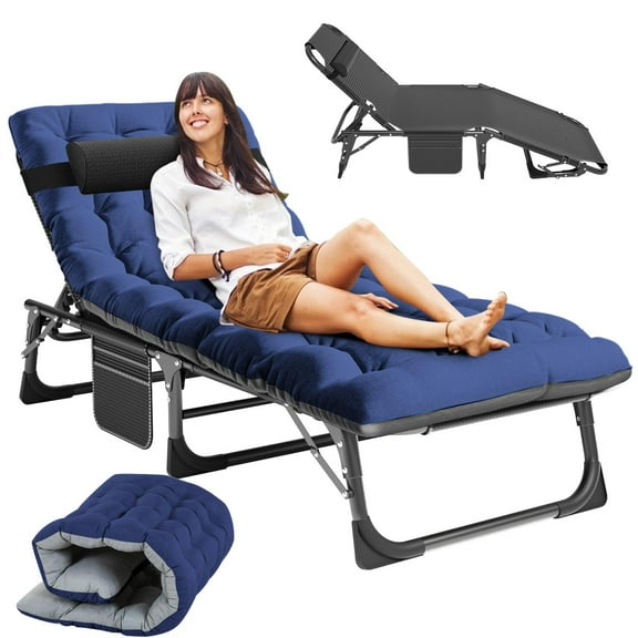 MOPHOTO Outdoor Folding Lounge Chairs for Pool, Beach, Adjustable Patio Chaise Lounge with Mattress&Pillow, Portable Multifunctional Camping Cot Bed Sleeping Cots