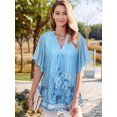 thumbnail image 2 of Women'S Short Sleeve V Neck Blouses Shirts Floral Double Layers Mesh Tunics Tops Gray-Blue Flower S, 2 of 6