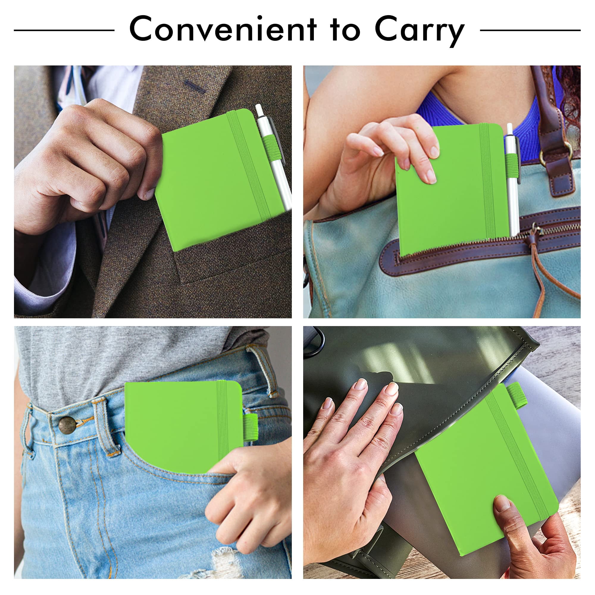 3 Pack Pocket Small Notebook Journals  Mini Cute Memo Notepad Hardcover College Ruled Lined With Pen Holder For Women Office School 3 Black Pens 3.5"x 5.5" A6 Green