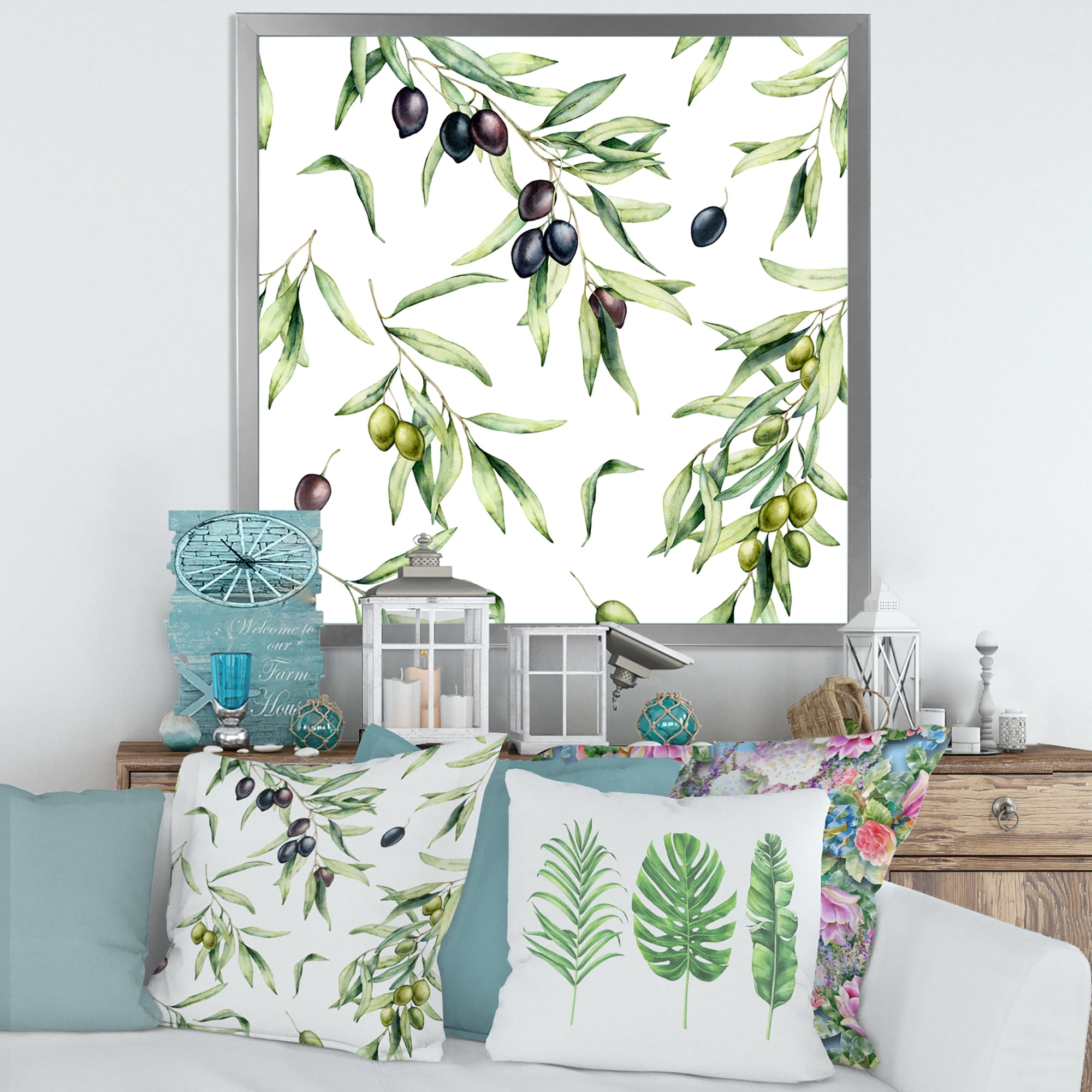 Designart 'Black and Green Olives With Olive Branches & Leaves' Lake House Framed Art Print