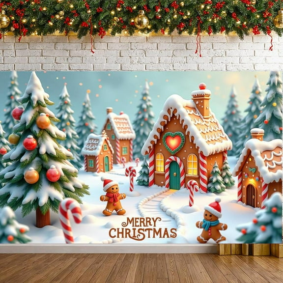 Gingerbread House Christmas Banner Snowy Trees Xmas Banner Candy Cane Christmas Ornaments Holiday Banner for Christmas Party Home Decor Family Gathering