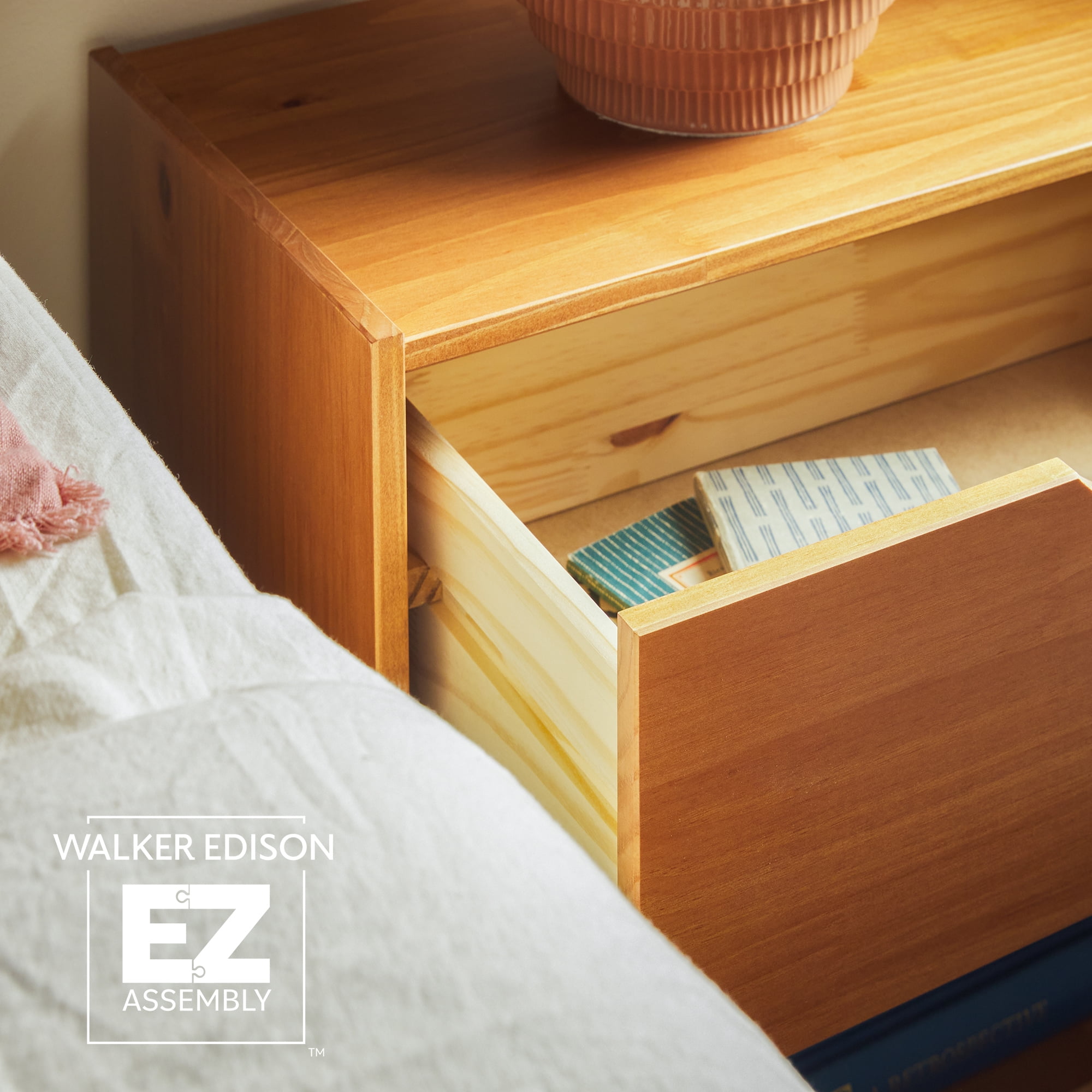 Walker Edison Declan 1 Drawer Nightstand, Caramel Brown