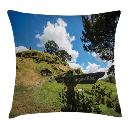Hobbit House - Hobbits Throw Pillow Cushion Cover, Overhill Hobbit Village in Matamata New Zealand Fantasy Scene House Image Print, Decorative Square Accent Pillow Case, 16 X 16 Inches, Green Blue, by Ambesonne