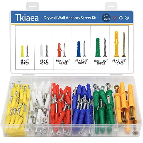 Drywall Anchors and Screws Kit 220Pcs, 110 Plastic Anchors, 110 Wall Screws, Includes 6 Different Size Wall Anchors and Screws for Drywall$$Hardware