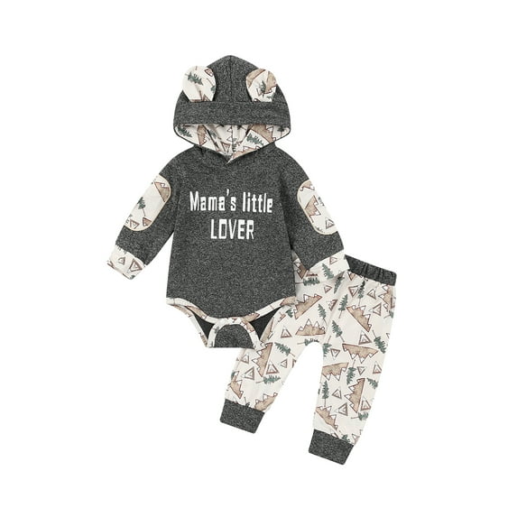 Baby Romper Suit Letter Contrast Color Long Sleeve Hooded Jumpsuit + High Waist Printed Trousers