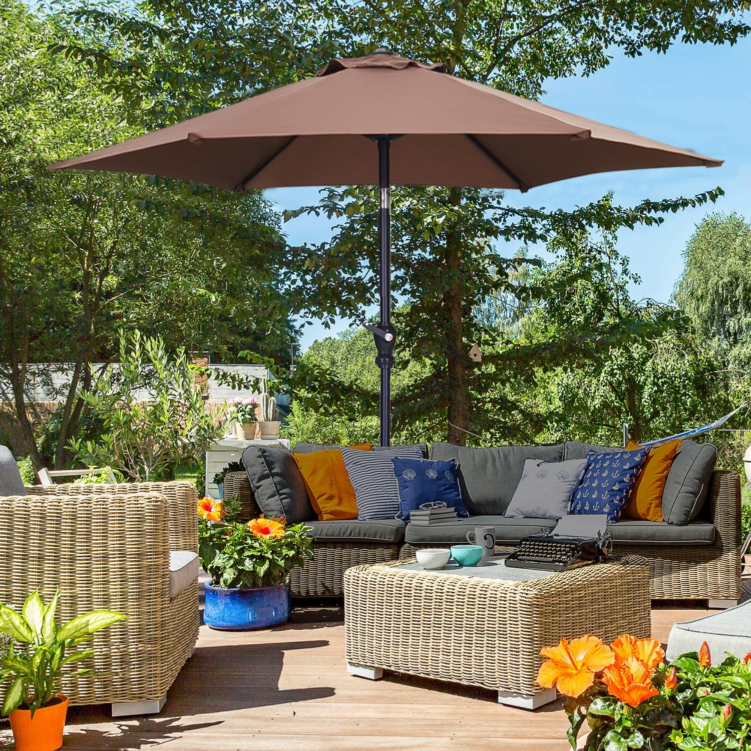 Autlaycil 7.5ft Brown Outdoor Patio Umbrella with Tilt, Crank and Sturdy Ribs for Lawn, Garden, Backyard and Pool