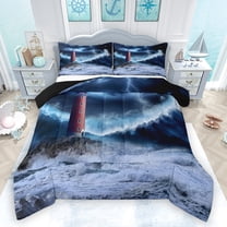 Homewish Nautical Tsunami Lightning Full Size Comforter Sets, Ocean Marine Lighthouse Bedding Comforter Set, Natural Disaster Reversible Bedding Sets, Ultra Soft Bedroom Decor, 3 Pieces