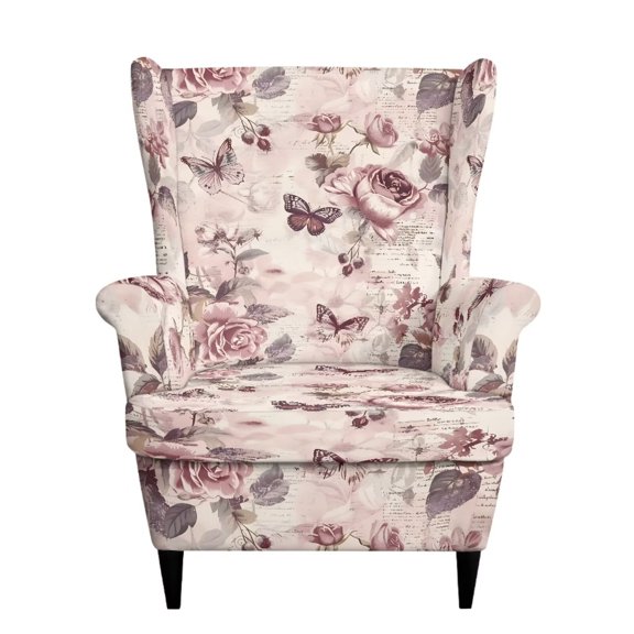 Qpednta Pink Rose Wingback Chair Covers, 2 PCS Wingback Chair Slipcover for Leather Chair, Elastic Stain Resistant Armchair Cover for Guest Room
