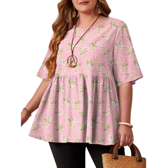 JuneFish Women's Plus Size Tops Short Sleeve Shirts Causal Tee Pink Floret 0X