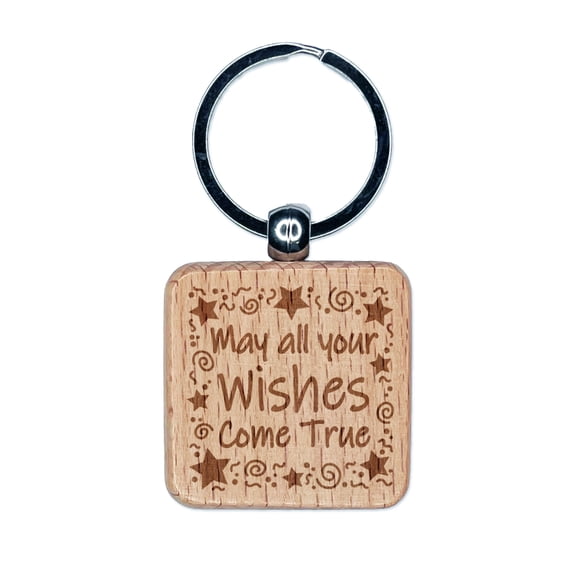 May All Your Wishes Come True Stars Swirls Birthday Square Keychain Charm Tag - Engraved Wood
