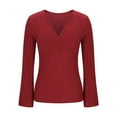 thumbnail image 4 of Women's Wrap Sweater Bell Long Sleeve T Shirt Deep V Neck Slim Ribbed Knit Tee Tops, 4 of 5