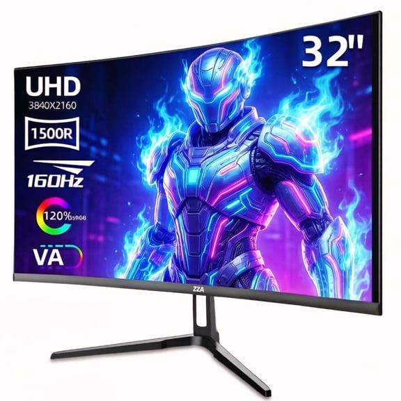 ZZA 32" Curved Gaming Monitor, 4k UHD(3840 * 2160P) VA Screen, 1500R, 144Hz/160Hz Computer Moniter, Supports AMD Freesync, 120% sRGB, Wall Mountable Installs(HDMI 2.1/DP 1.4)-Black