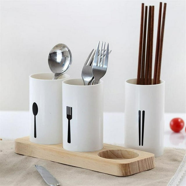 EGNMCR Household O-ak Base Cutlery Storage Box, Kitchen Draining Chopsticks Spoon Box, Split Storage Compartment,