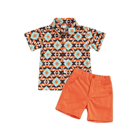 

Canrulo Toddler Baby Boy Summer Clothes Argyle Print Short Sleeve Button Down Blouse Shirt Casual Shorts Set Orange 4-5 Years