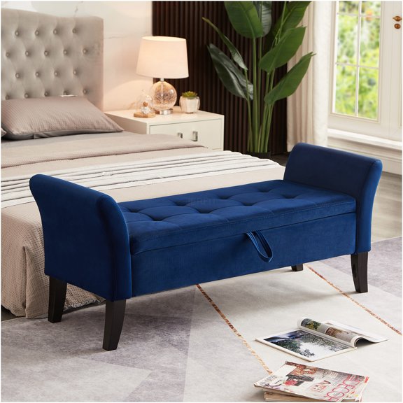 JERFIT Velvet Storage Ottoman Bench for Bedroom, Navy Blue Upholstered Bench with Tufted Seat and Wood Legs