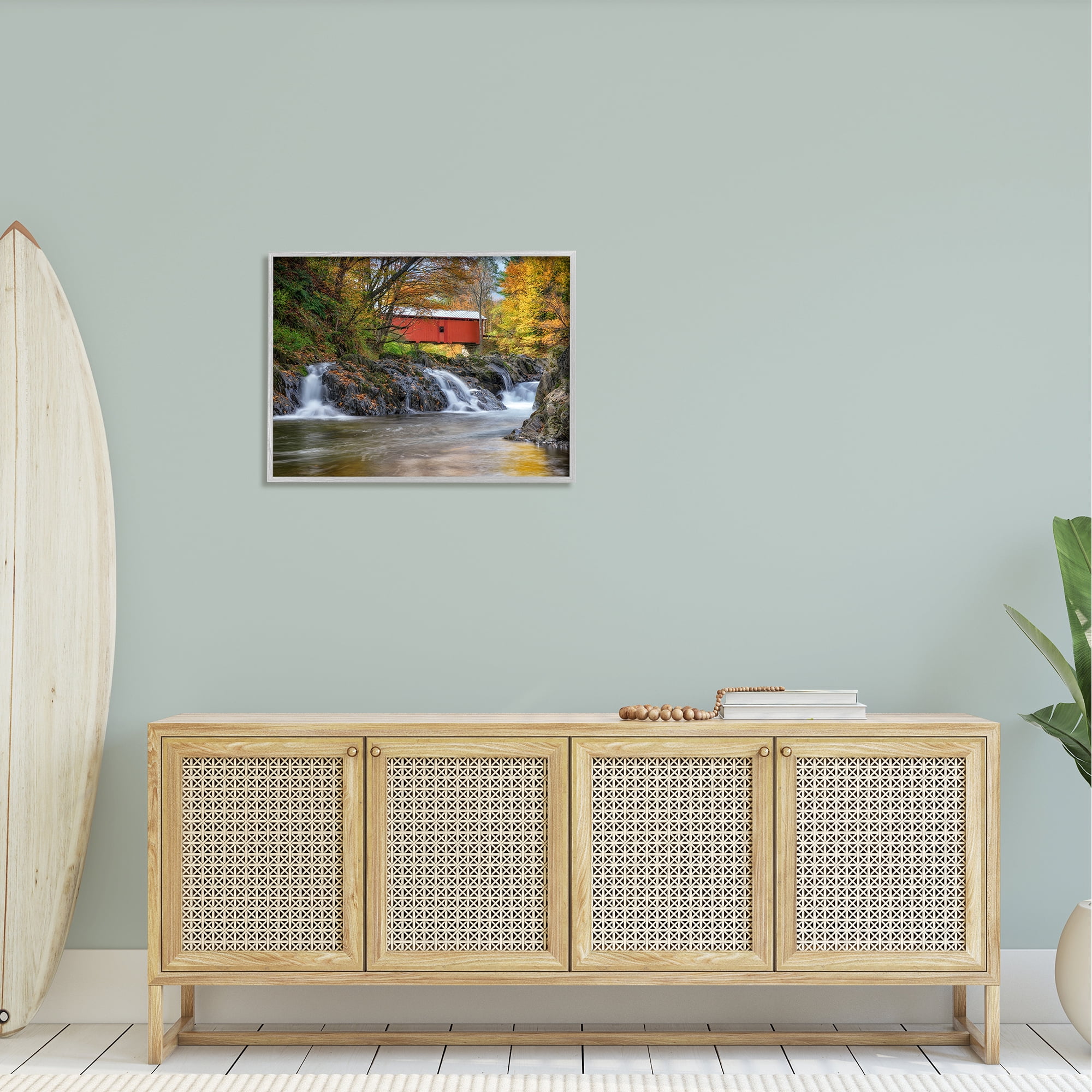 Stupell Bridge Waterfalls Flowing River Foliage Landscape Photography Gray Framed Art Print Wall Art