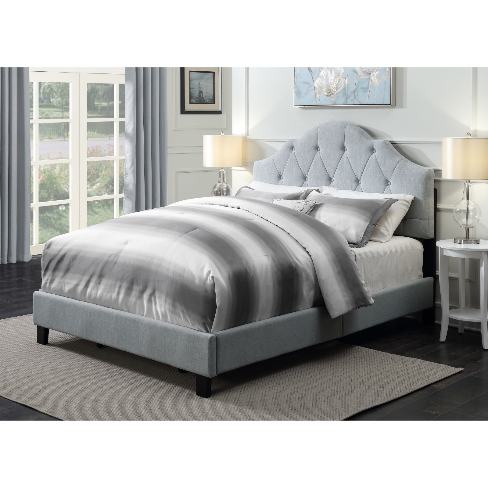 King All-In-One Scalloped Tufted Upholstered Bed in Linen White