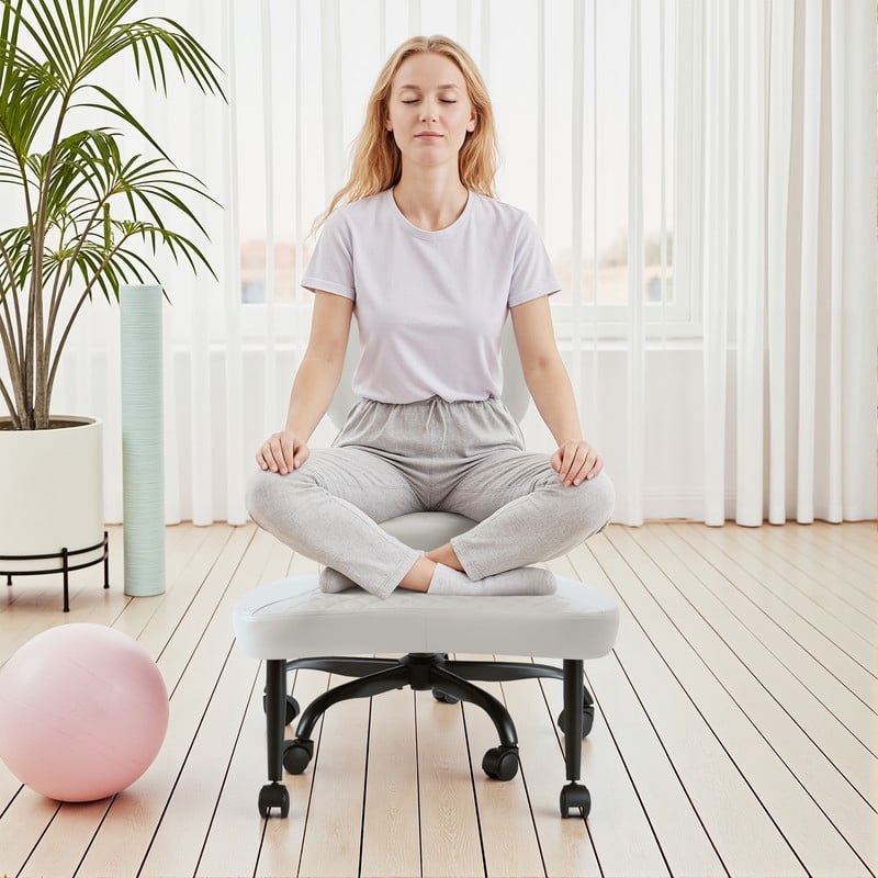 Lacoo Ergonomic Cross Legged Swivel Office Chair,ADHD & Meditation Chair with Retractable footrest,Adjustable Height with Back Support,PU Leather,White
