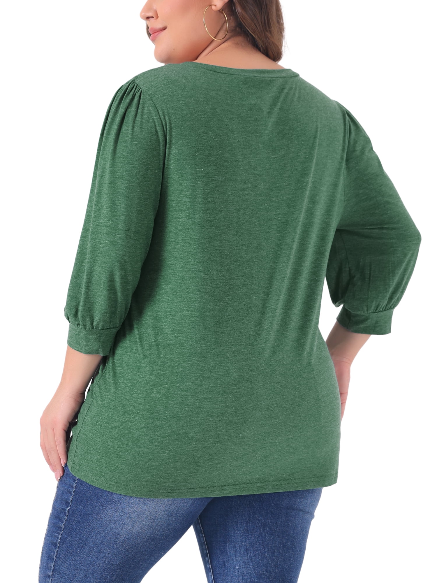 Women's Plus Top 3/4 Sleeve V Neck Button Decor Casual Solid Tees Shirts 3X Green